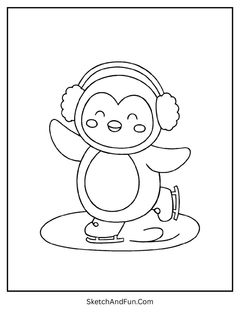 Christmas coloring pages cartoon style penguin ice skating scene