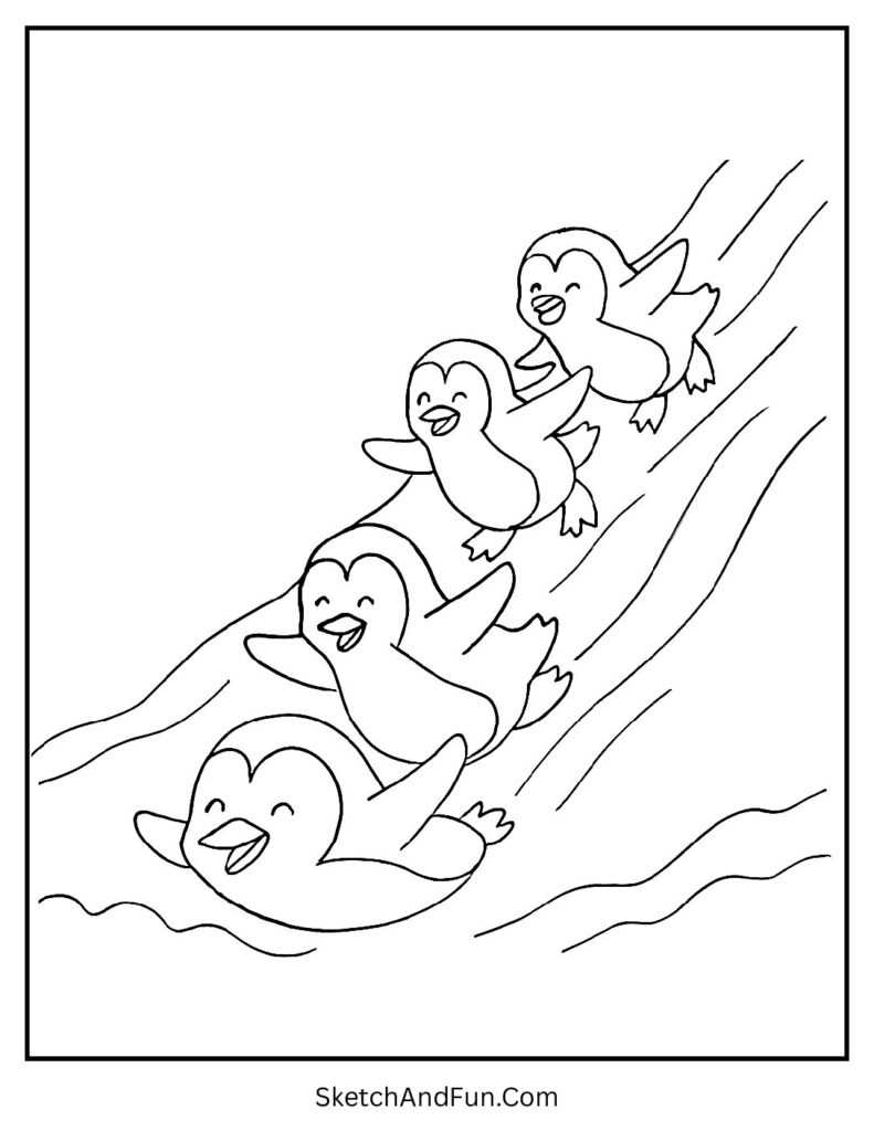 Penguins slide in a line, Christmas coloring pages winter animals playful.