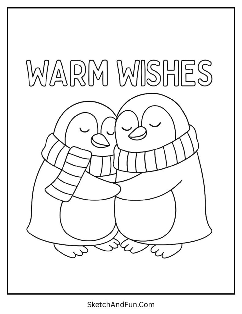 Christmas coloring pages cute animals penguins with Warm Wishes text