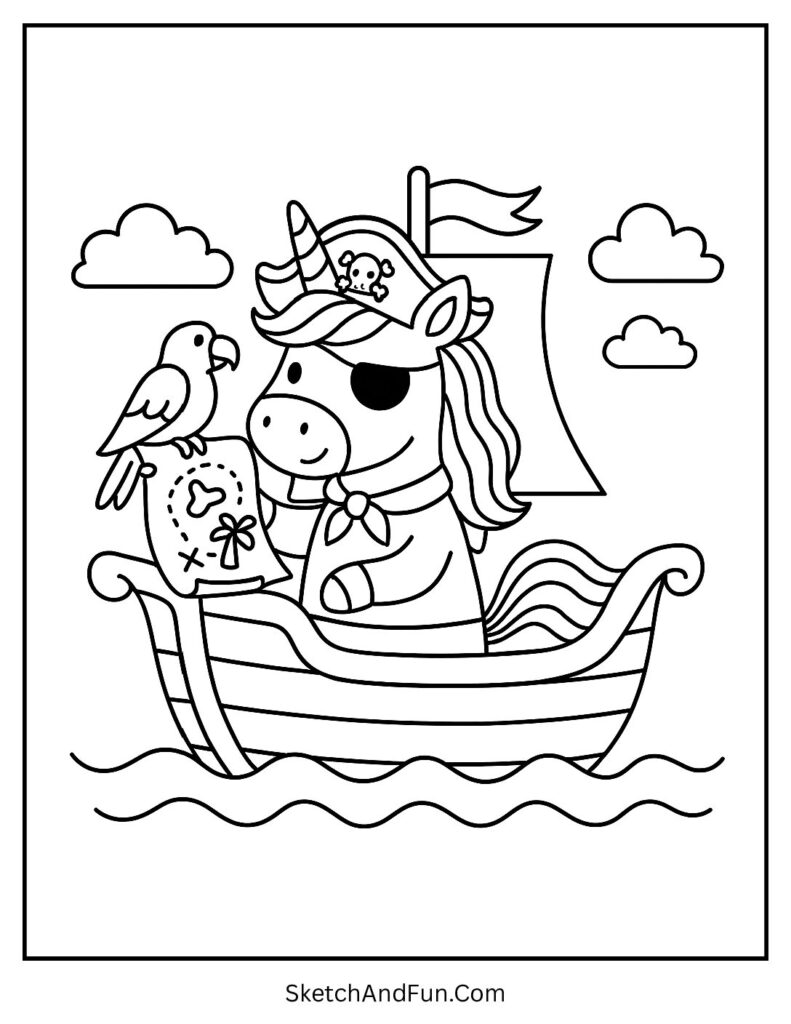 Unicorn coloring pages thematic option with a pirate unicorn adventure.