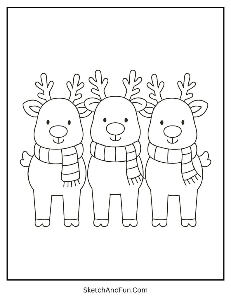 Reindeer in scarves lined up, Christmas coloring pages cute reindeer cozy holiday.
