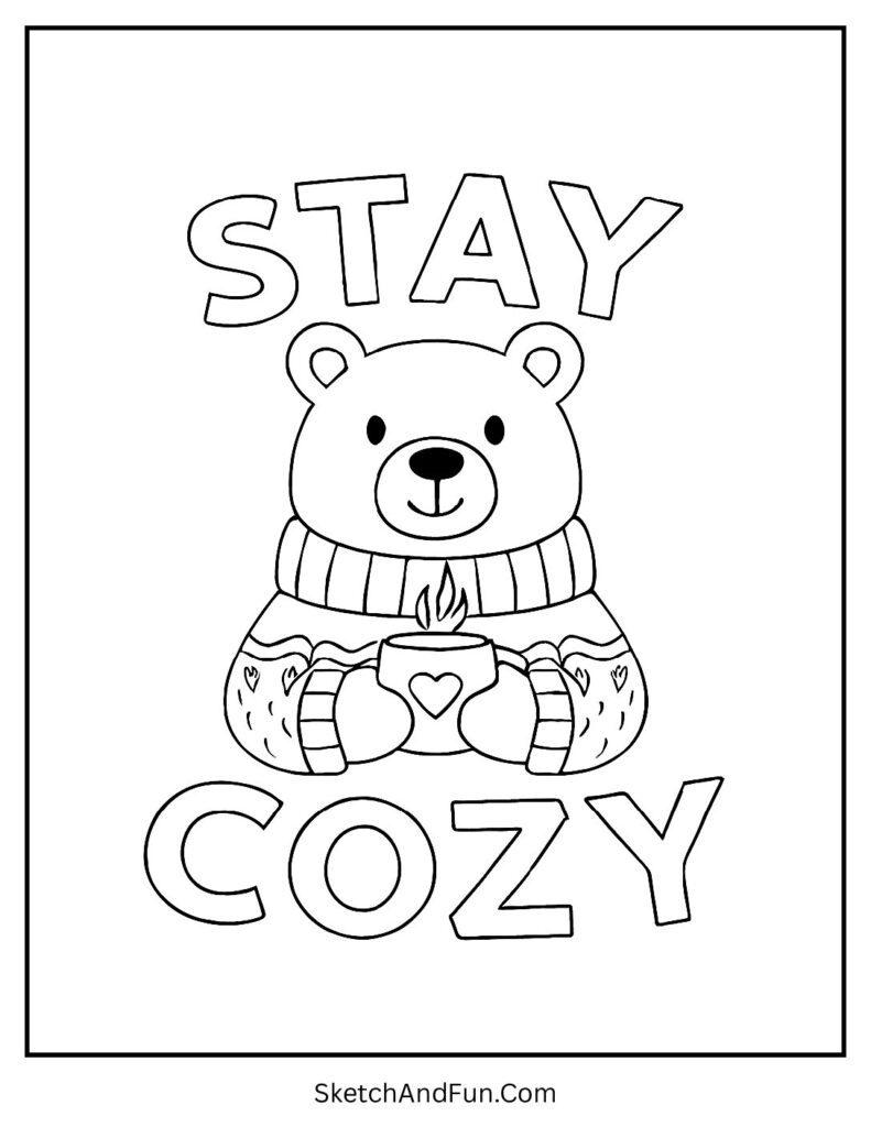 Christmas coloring pages winter scenes polar bear with Stay Cozy cocoa