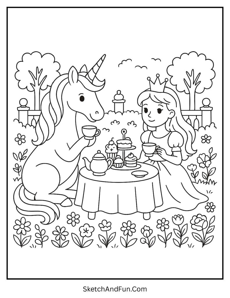 Unicorn coloring pages with flowers showing a princess unicorn tea party.