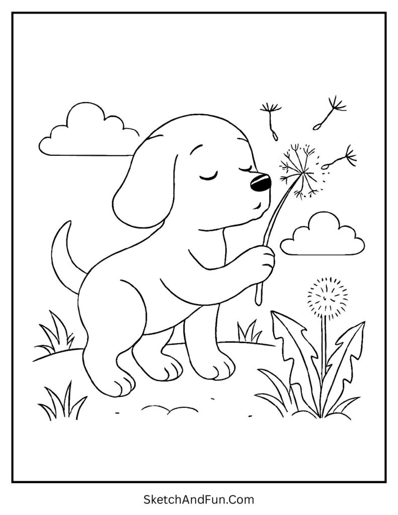 Dog blowing dandelions for detailed dog coloring pages.