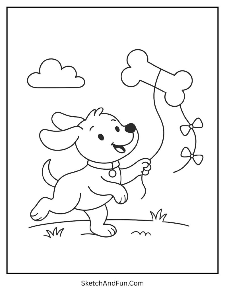 Puppy flying kite in field for dog coloring page PDF download.