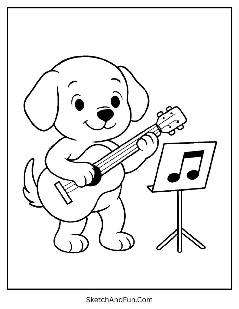 Puppy playing guitar for dog coloring pages for preschool.