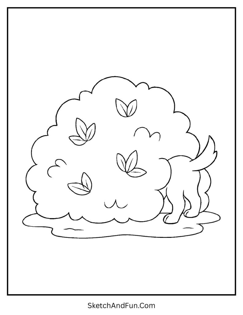 Pup hiding behind bush for free printable dog coloring sheet.