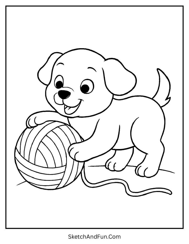 Pup rolling yarn ball for dog coloring pages free to print.