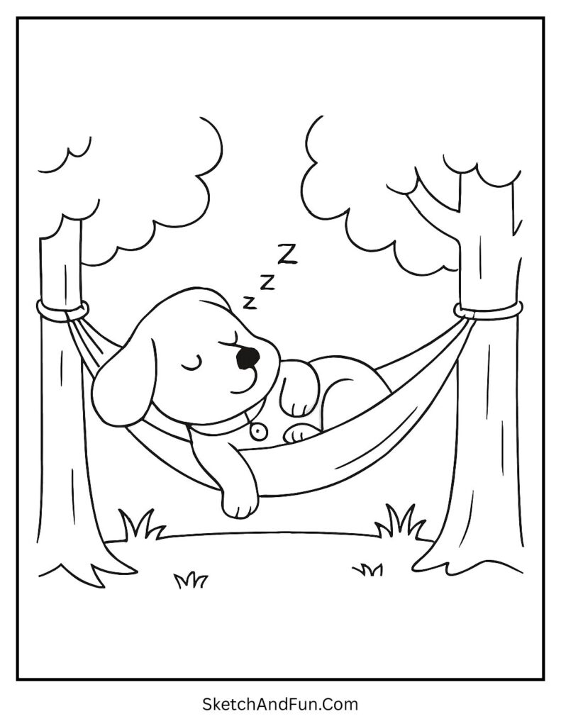 Pup napping in hammock for advanced dog coloring pages.