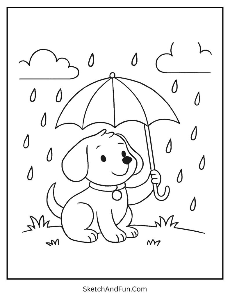 Puppy under umbrella in rain for grayscale dog coloring pages.