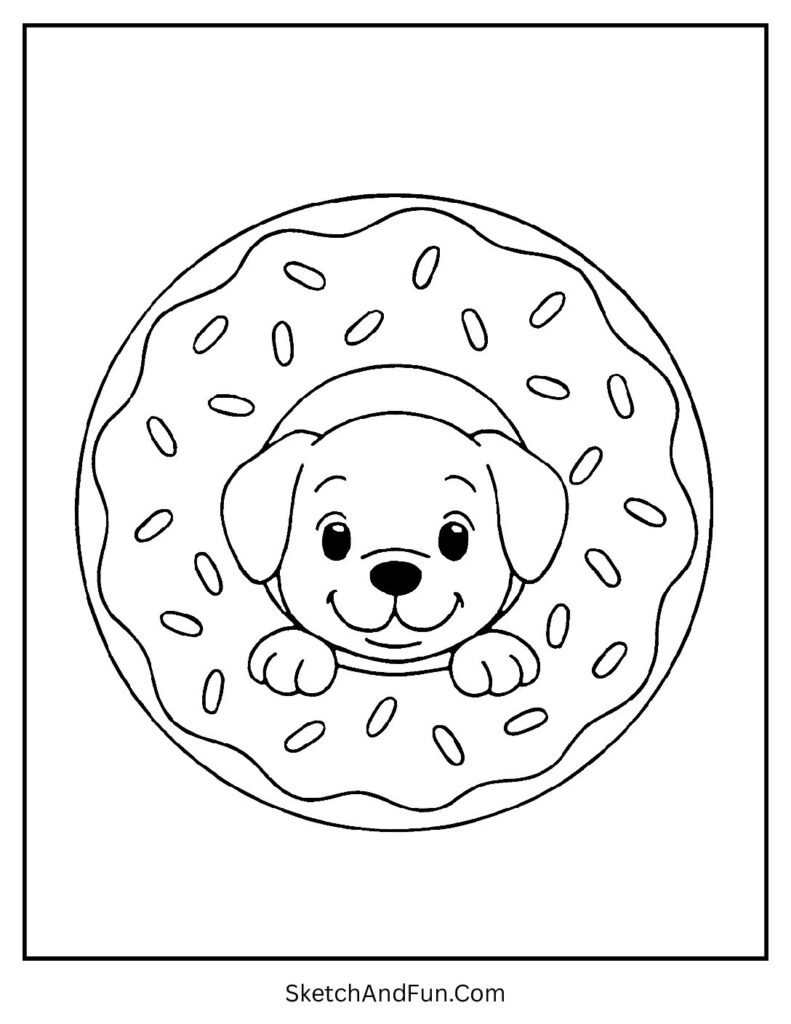 Pup with giant donut for dog coloring page outline.
