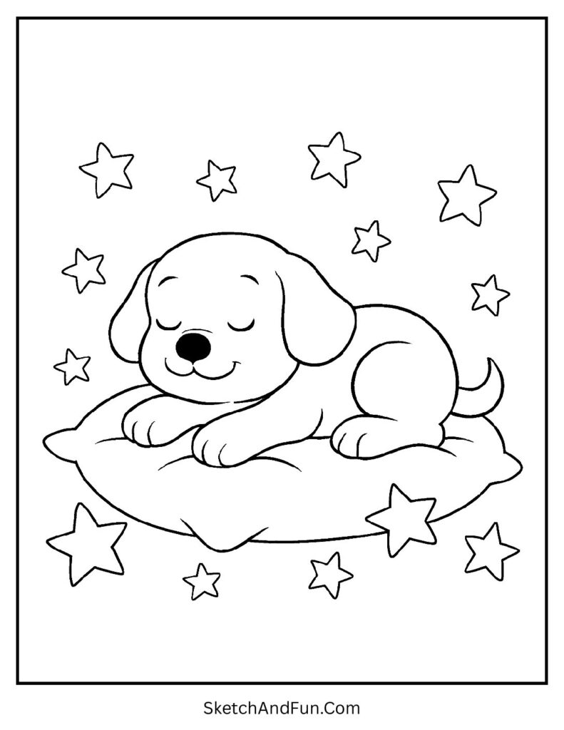 Puppy resting in stars for dog mandala coloring pages.