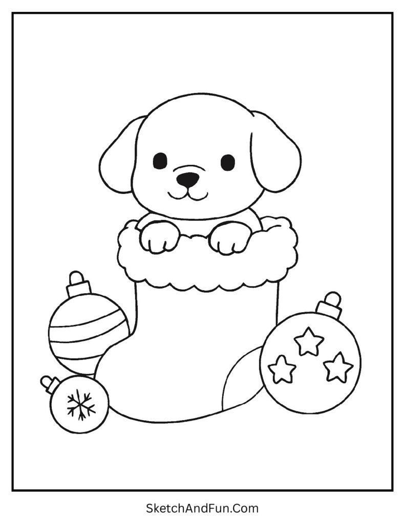 Pup in Christmas stocking for Christmas dog coloring pages.