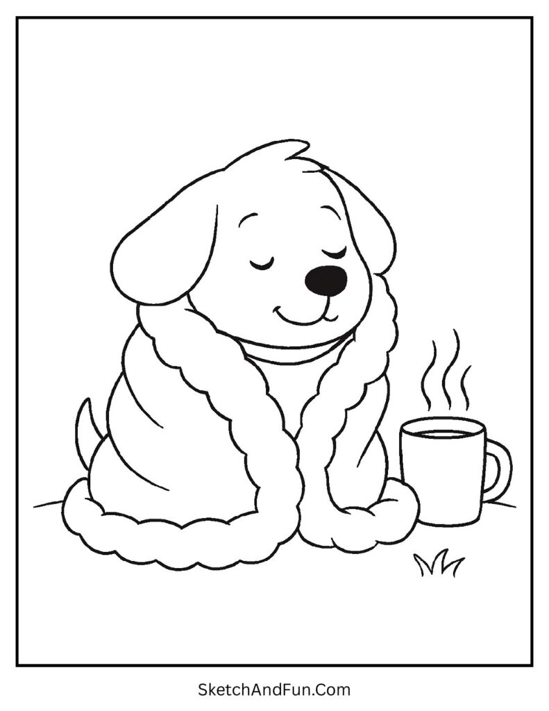 Puppy in cozy blanket with drink for dog silhouette coloring pages.