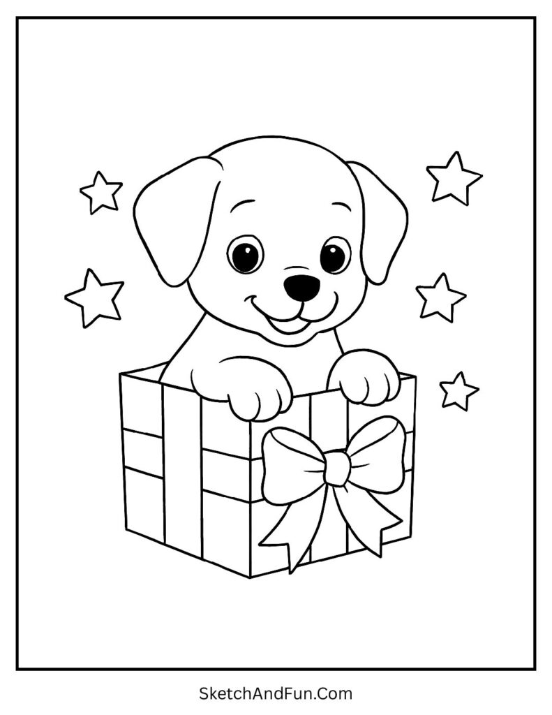 Puppy popping out of gift box for dog coloring pages printable.