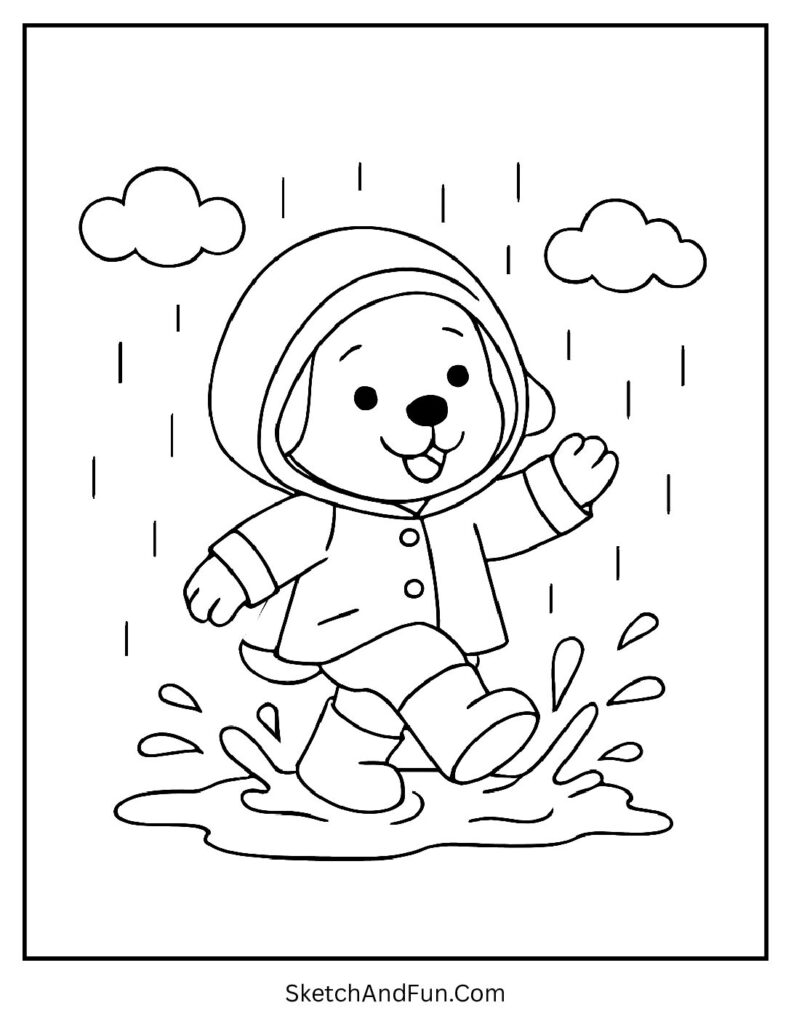Pup splashing in raincoat for easy dog coloring pages.