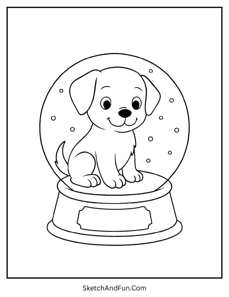 Pup in snow globe for Christmas dog coloring pages.