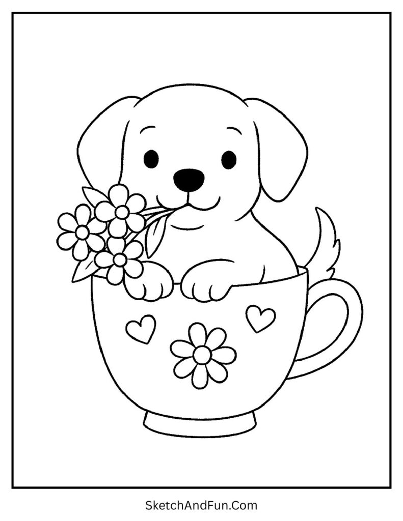 Tiny pup in teacup for cute puppy coloring sheet.