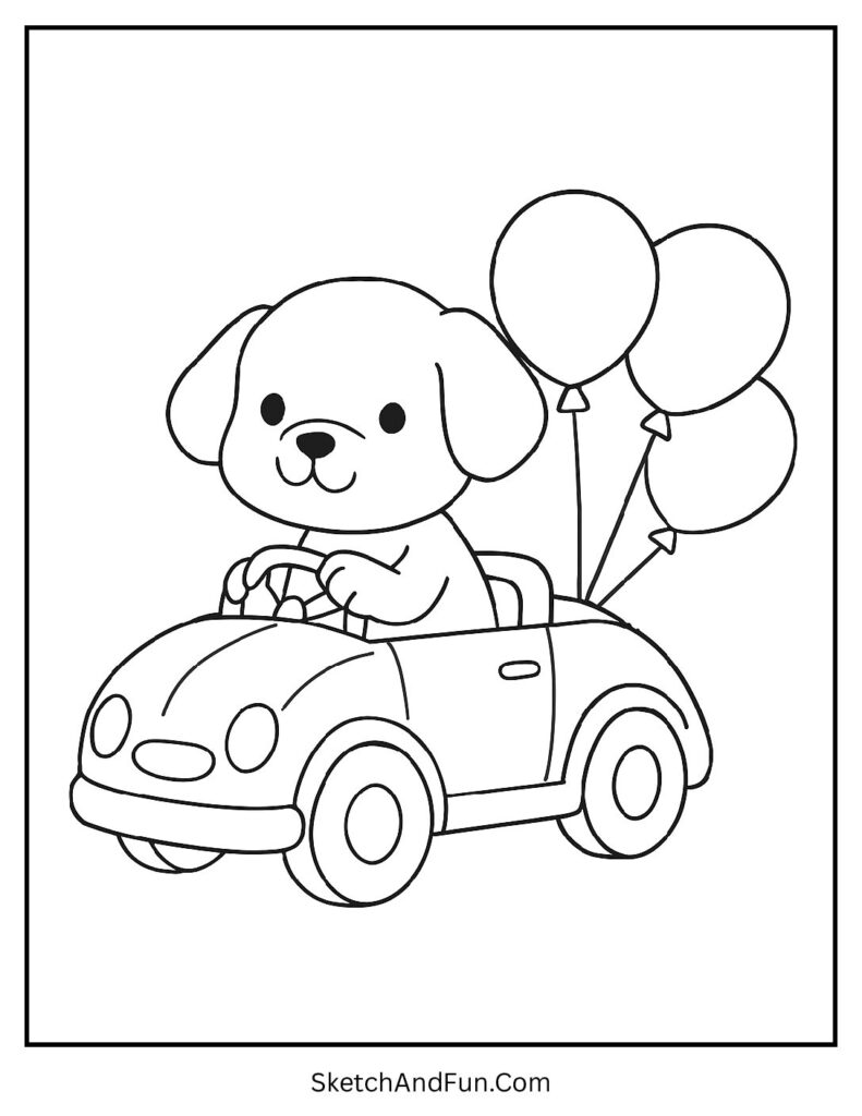 Pup driving toy car for dog coloring sheets vector.