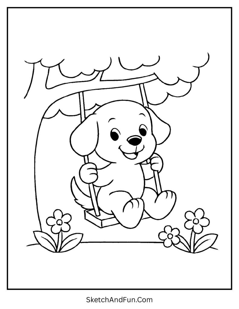 Pup on swing with flowers for dog coloring pages for toddlers.
