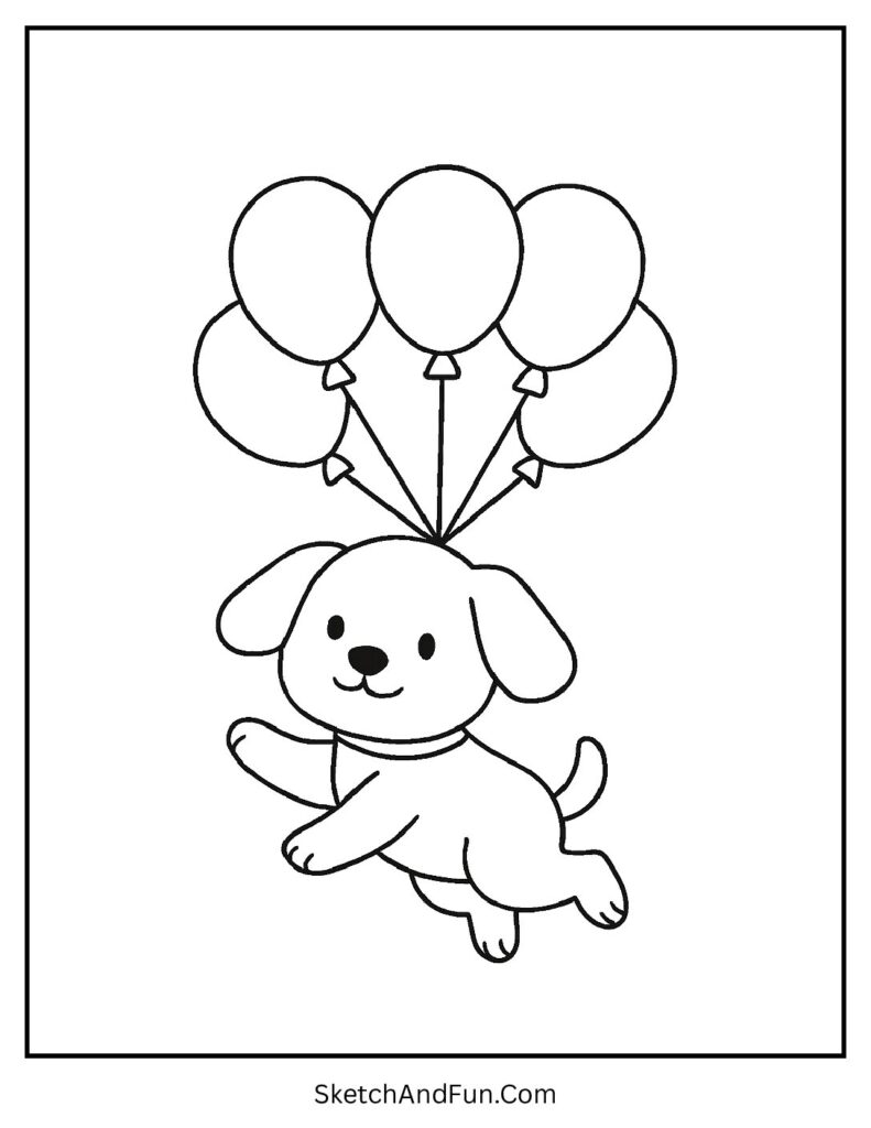 Pup with balloons tied to collar for dog coloring pages A4.