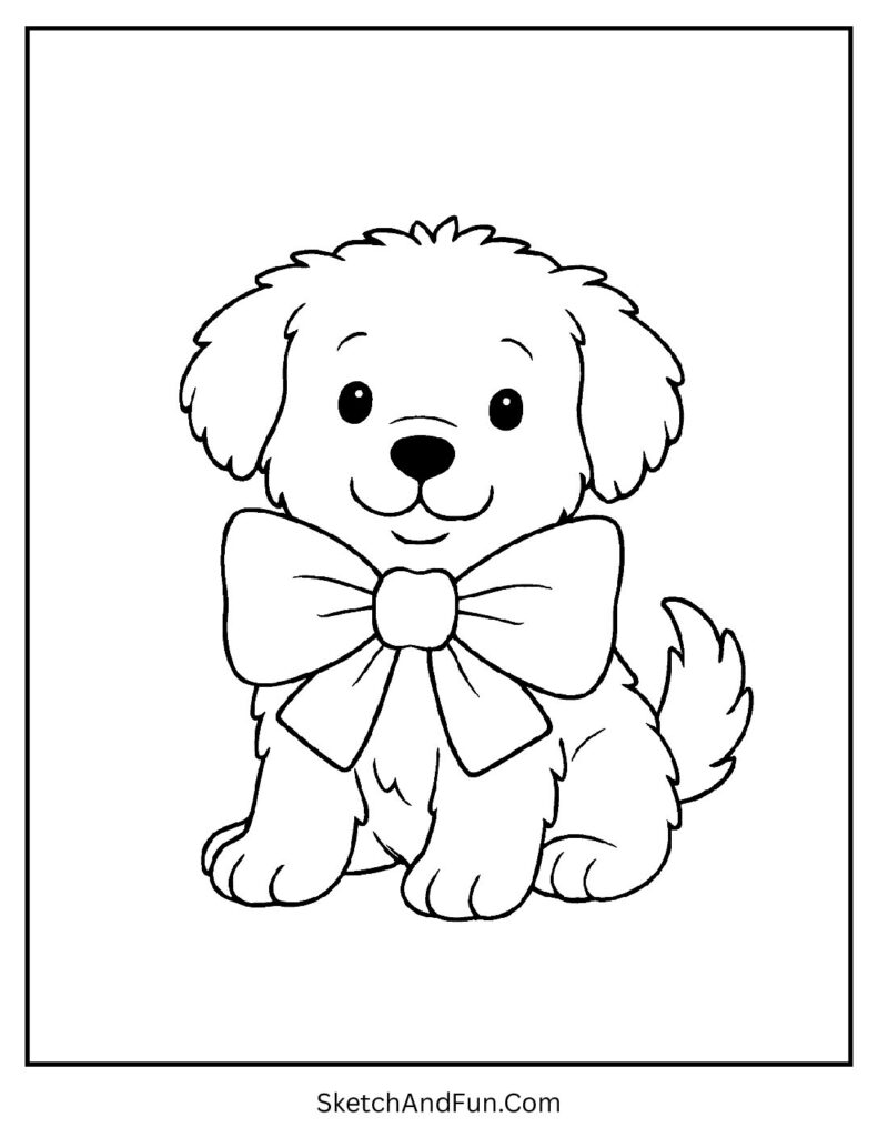 Fluffy pup with big bow tie for fun puppy coloring pages.