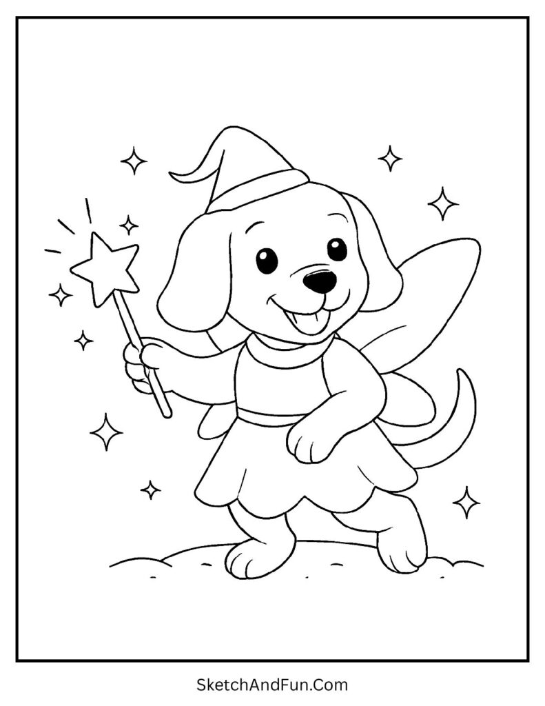 Pup with fairy star wand for dog coloring sheets for coloring book.
