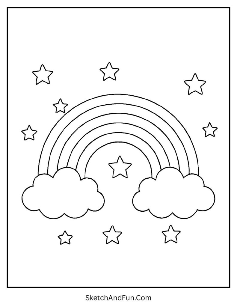 Rainbow with stars shining as easy flower coloring pages printable.