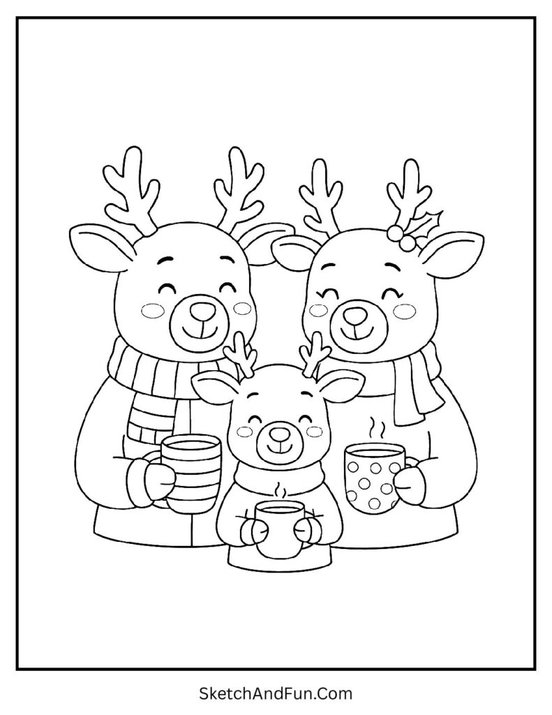 Reindeer enjoy mugs of cocoa, Christmas coloring pages cute reindeer cozy scene.