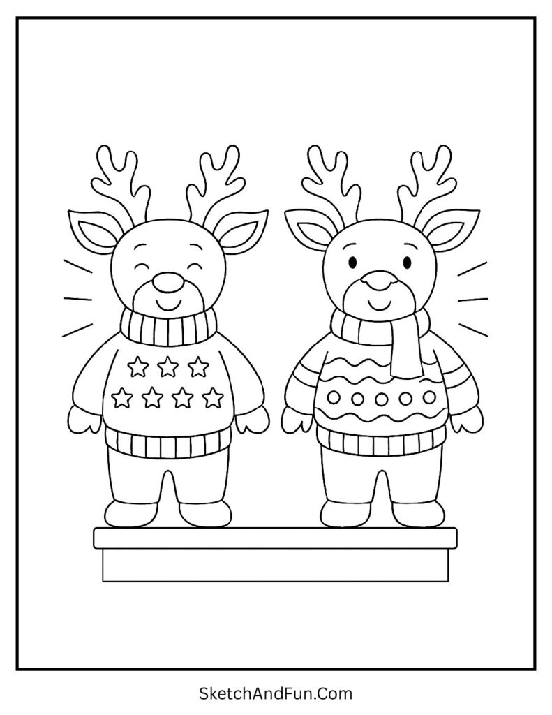 Reindeer in patterned knits, Christmas coloring pages cute reindeer festive.