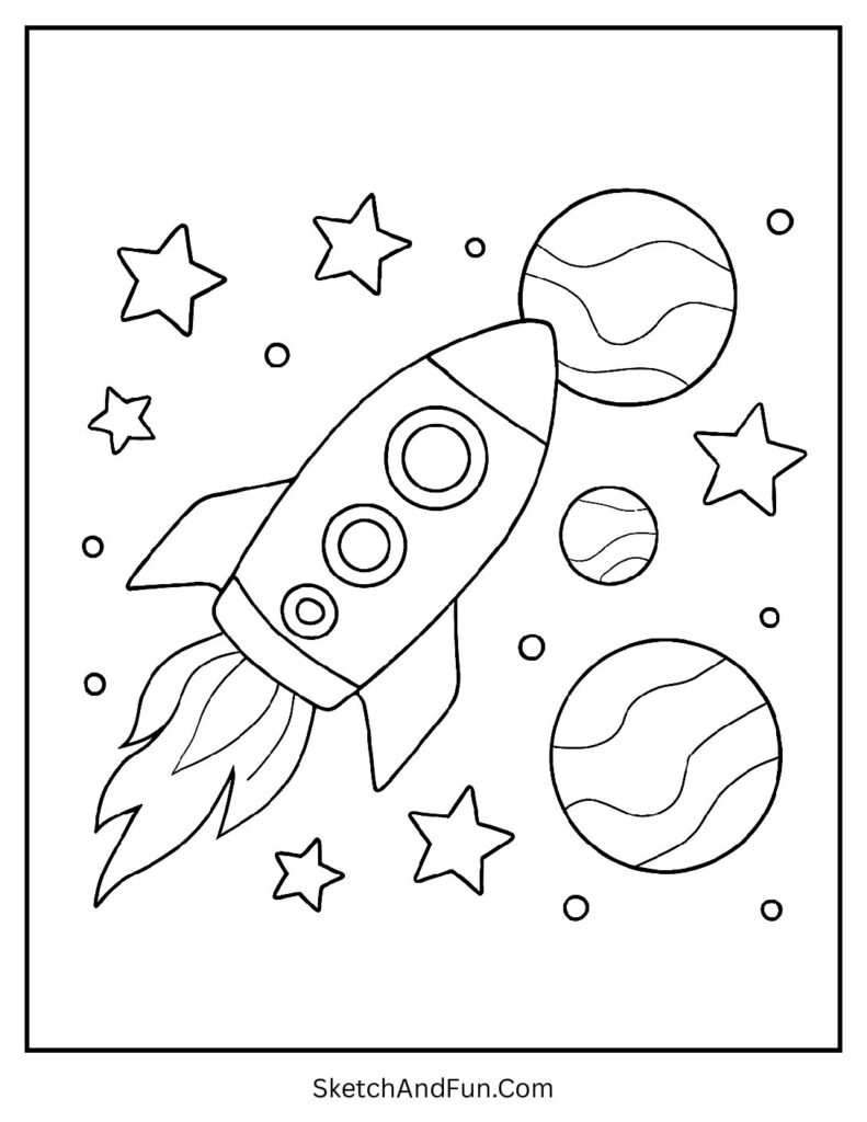 Rocket flying through stars and planets as easy space coloring pages printable.