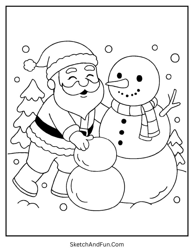 Santa building snowman in a vintage Santa coloring page design.