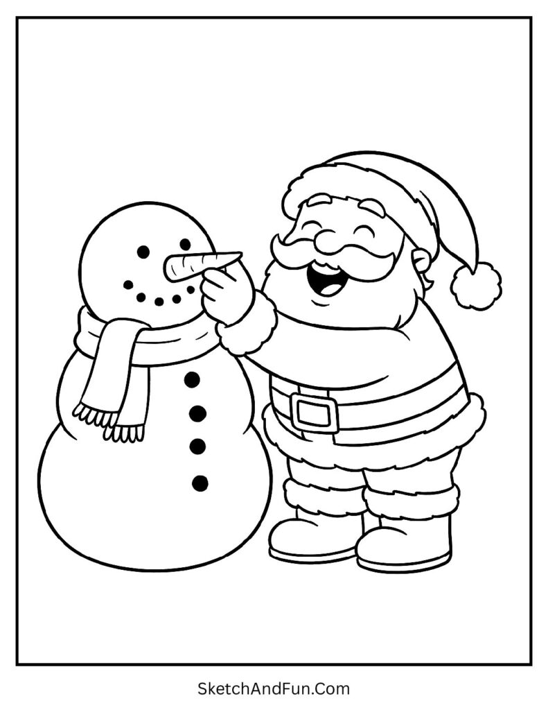 Santa adds carrot nose to snowman, Christmas coloring pages snowman family playful.
