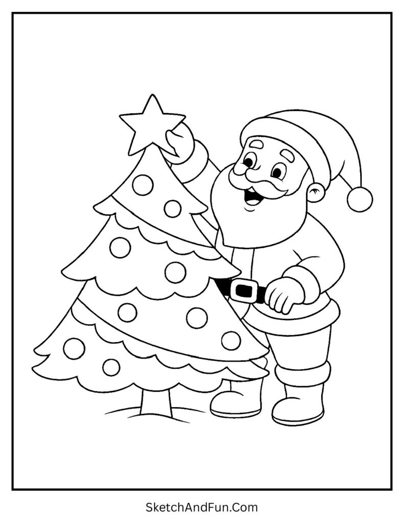 Santa placing star on tree in preschool Santa coloring sheet festive style.