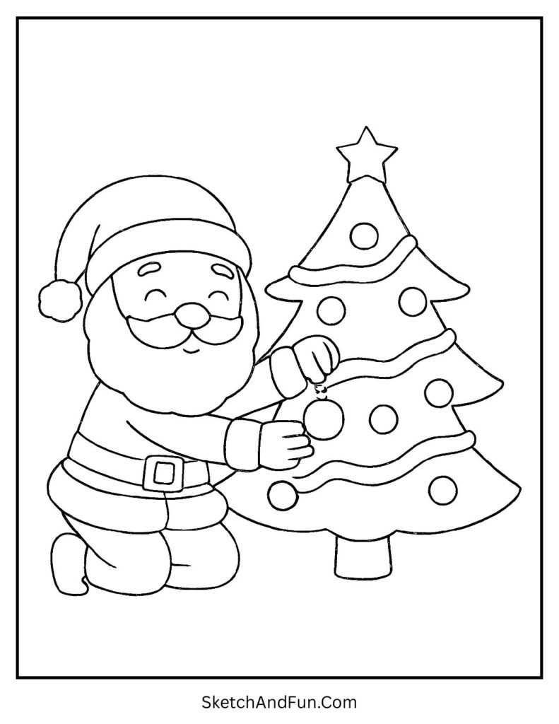 Christmas coloring pages decoration outlines Santa decorating a tree