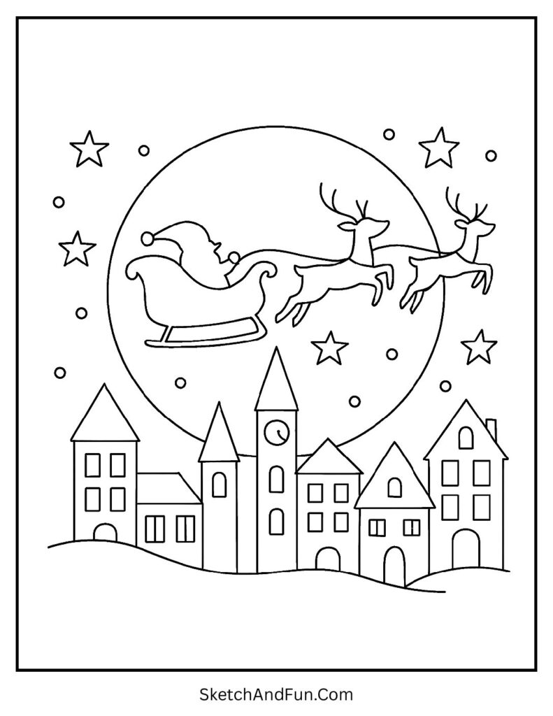 Christmas coloring pages Christmas Eve with Santa flying sleigh