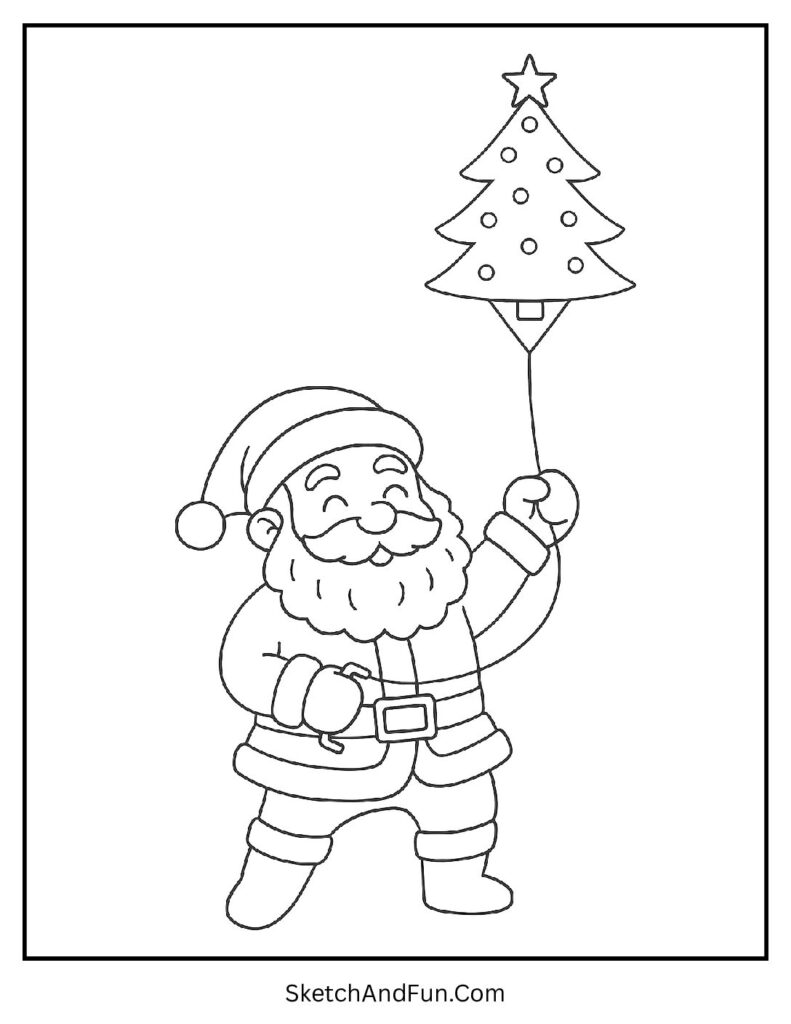 Santa flying kite shaped like tree in Santa coloring sheet a4 free.