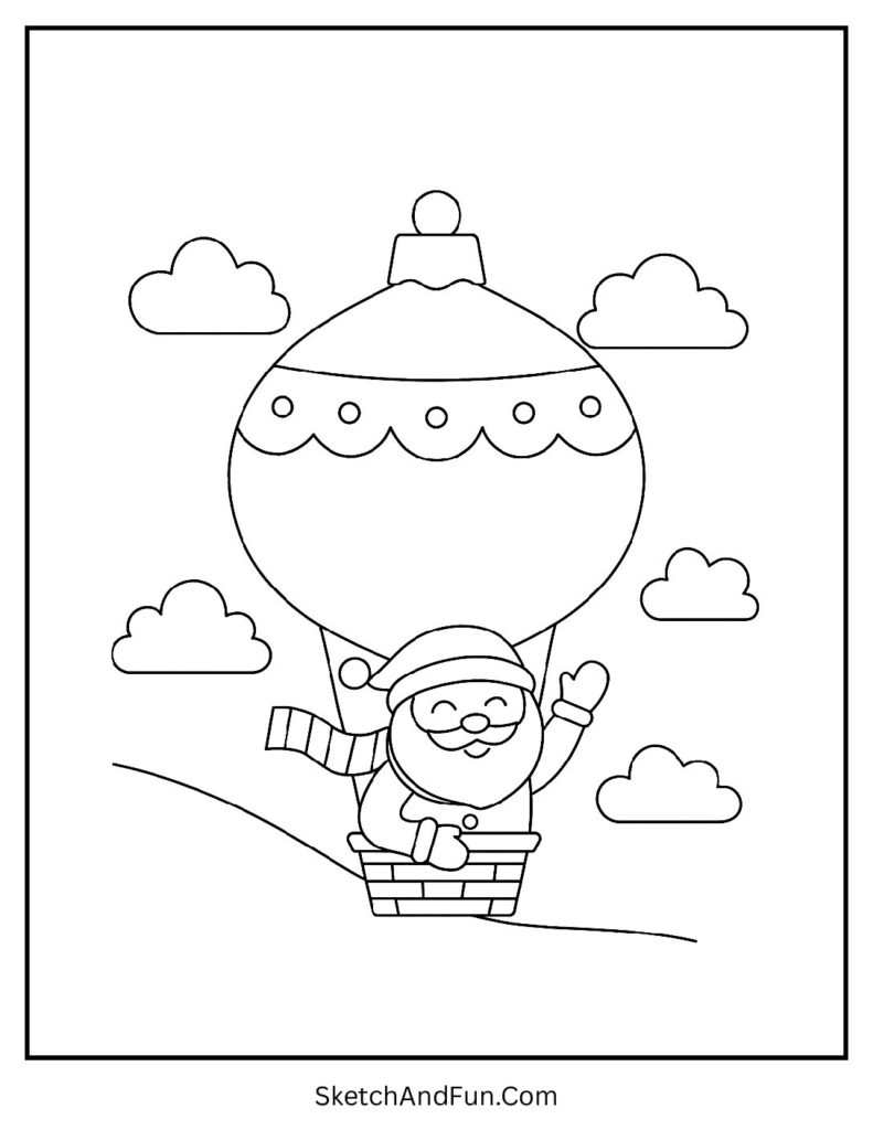 Santa flies in ornament balloon, Christmas coloring pages fun activities unique.