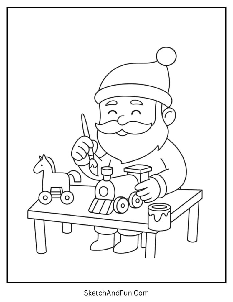 Santa painting wooden toys in Santa colouring pages UK spelling.