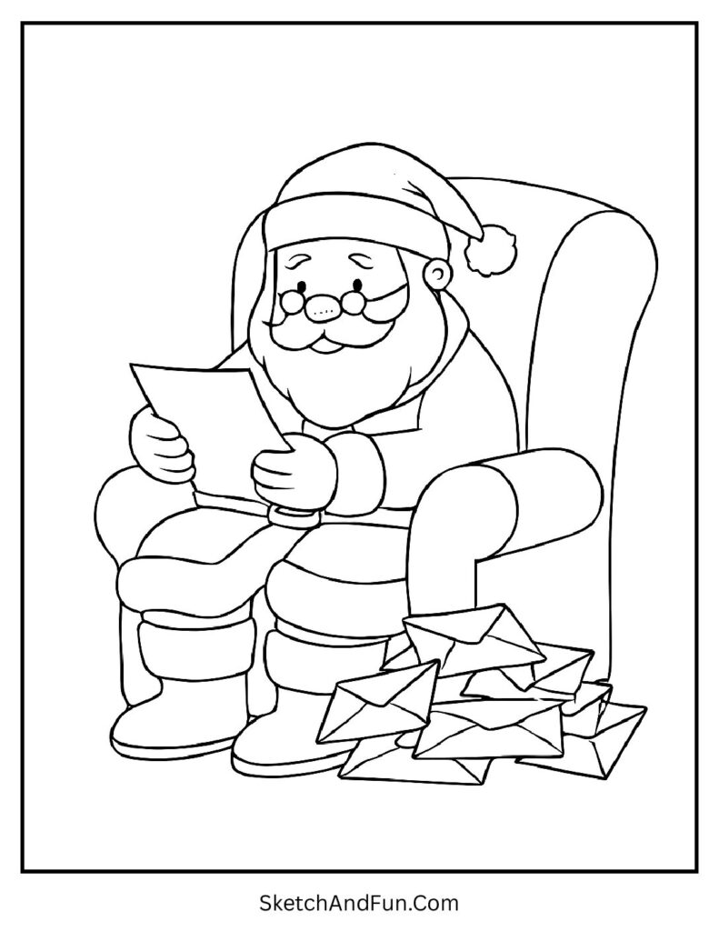 Santa reading kids’ letters in Santa with gifts coloring pages option.