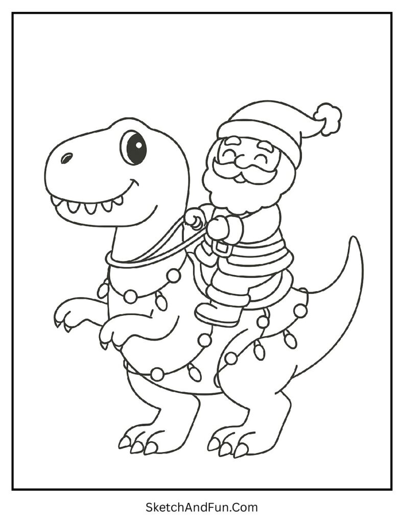Santa riding dinosaur with lights in Santa sleigh coloring page printable.
