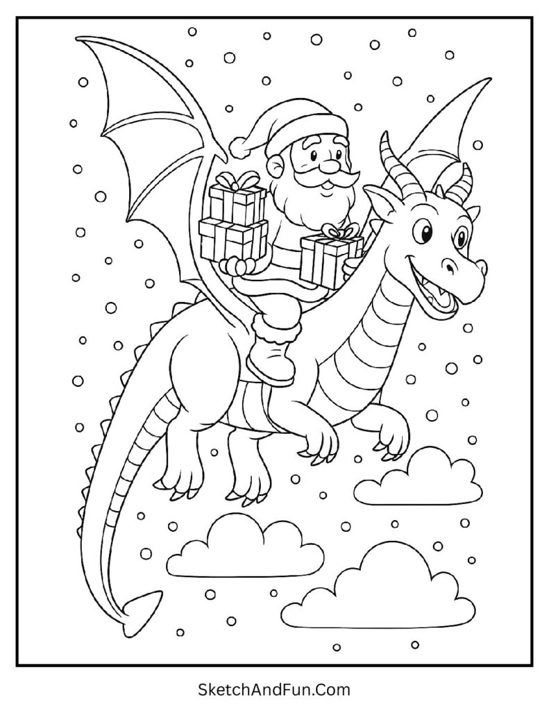 Santa riding dragon with gifts in Santa coloring pages for kids.