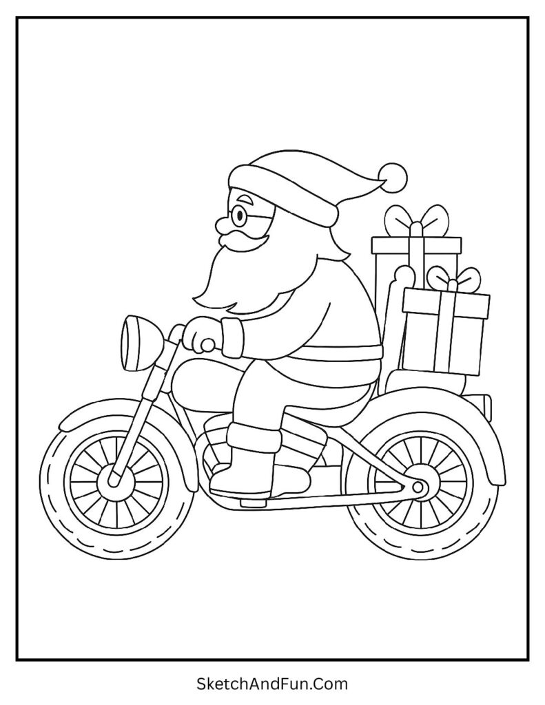 Santa rides motorcycle with gifts, Christmas coloring pages cartoon style exciting.