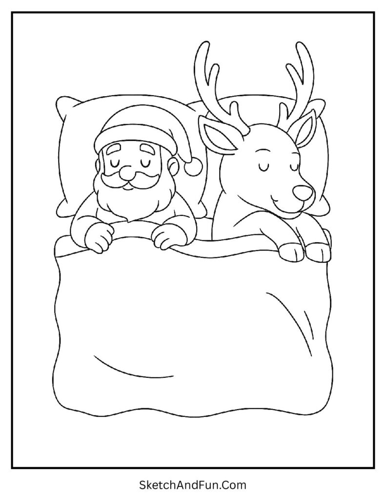 Santa sleeping with reindeer in cute Santa coloring pages bedtime theme.