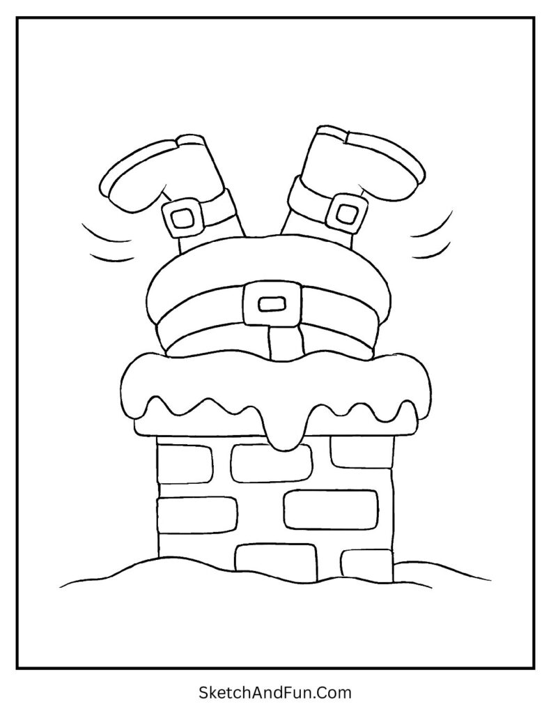 Santa stuck halfway in chimney in a Santa in chimney coloring page scene.