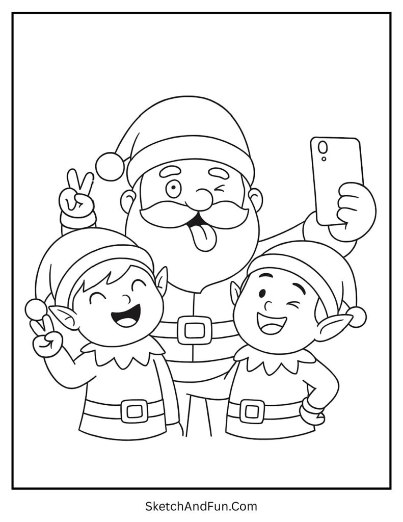Santa taking selfies with elves in new year Santa coloring page.