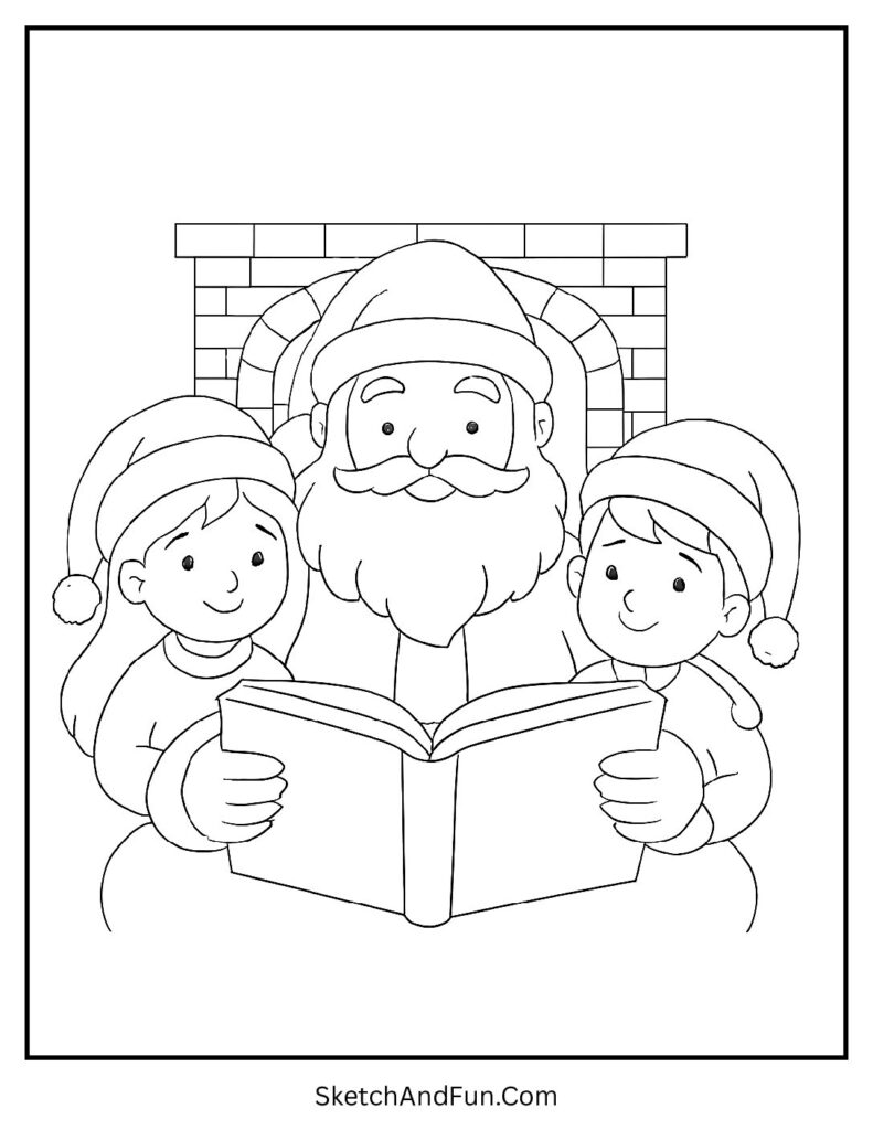 Santa and kids near fireplace, Christmas coloring pages cozy scenes storytelling.