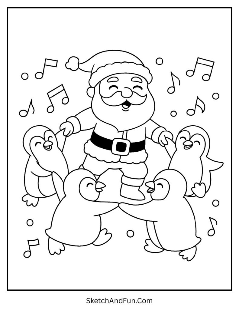 Santa dancing with penguins in a Santa checking list coloring page style.