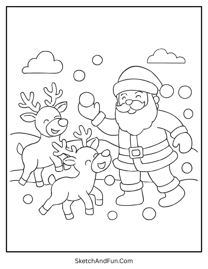 Santa tosses snowballs with reindeer, Christmas coloring pages travel scenes fun.