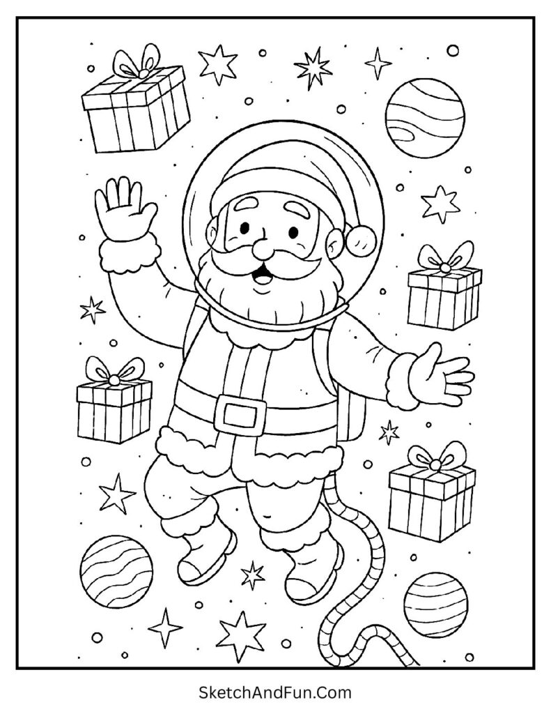 Santa floating in space helmet with gifts in Santa coloring pages winter scene.